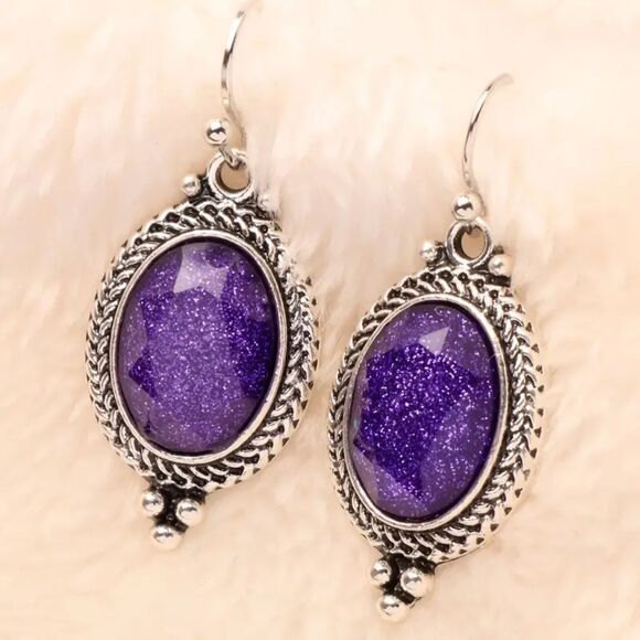 Silver Vintage Style Purple Oval Drop Earrings Dangle Pendant Fshion Jwlry Retro - Picture 4 of 6